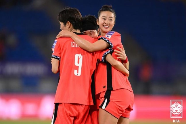 得点後、喜ぶ韓国女子サッカー代表チームの選手たち。 /写真=大韓サッカー協会