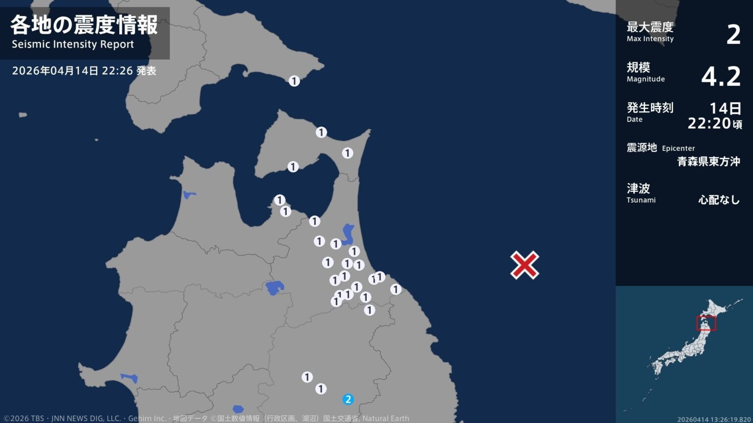 岩手県で最大震度2の地震　岩手県・盛岡市（TBS NEWS DIG Powered by JNN）