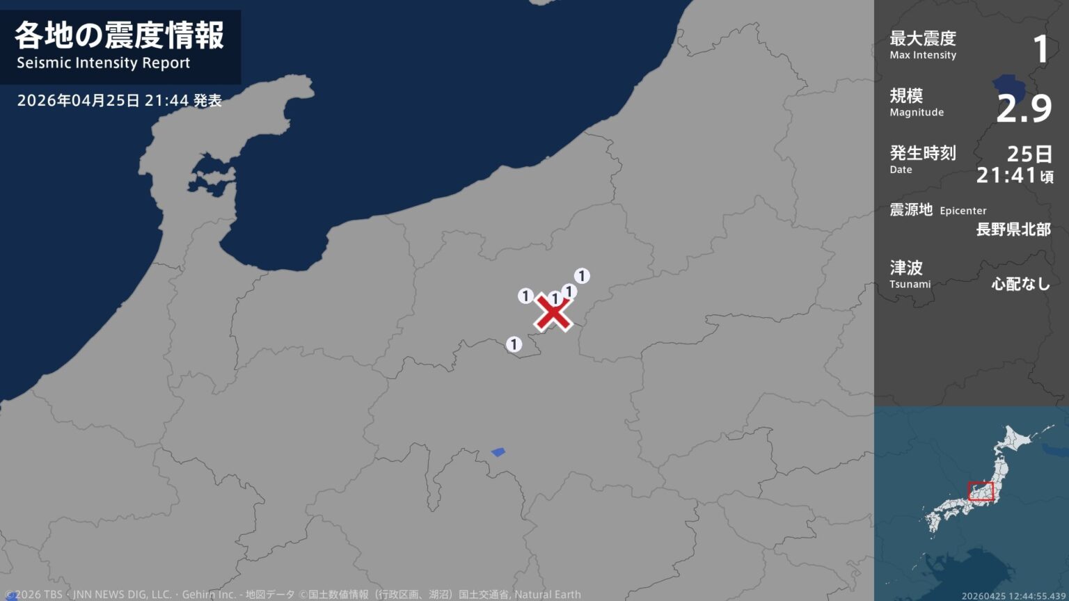 長野県で最大震度1の地震　長野県・長野市、須坂市、千曲市、長野高山村、山ノ内町（TBS NEWS DIG Powered by JNN）