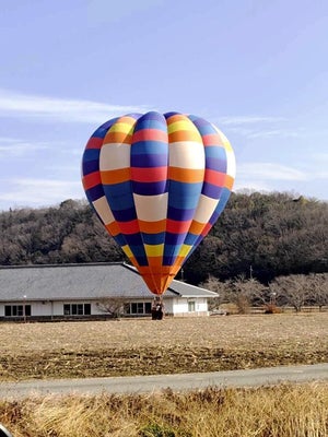着陸する奈良女子大気球部の気球（兵庫県加西市で）＝奈良女子大気球部提供