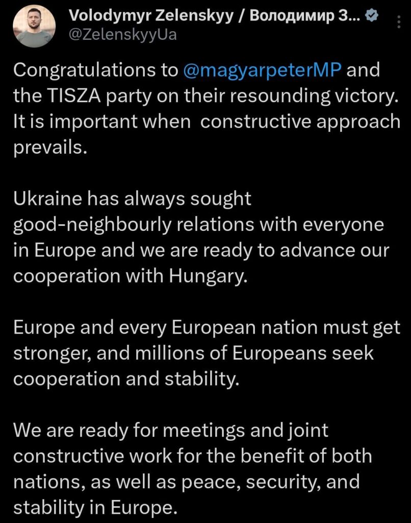ゼレンシキー大統領は、ハンガリー議会選挙でのペテル・マジャル党とTISZA党の勝利に祝意を表した。