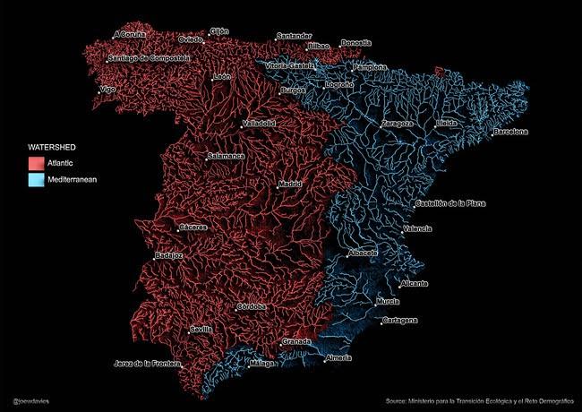 スペインは 2 つの大きな水路によって分断されています。