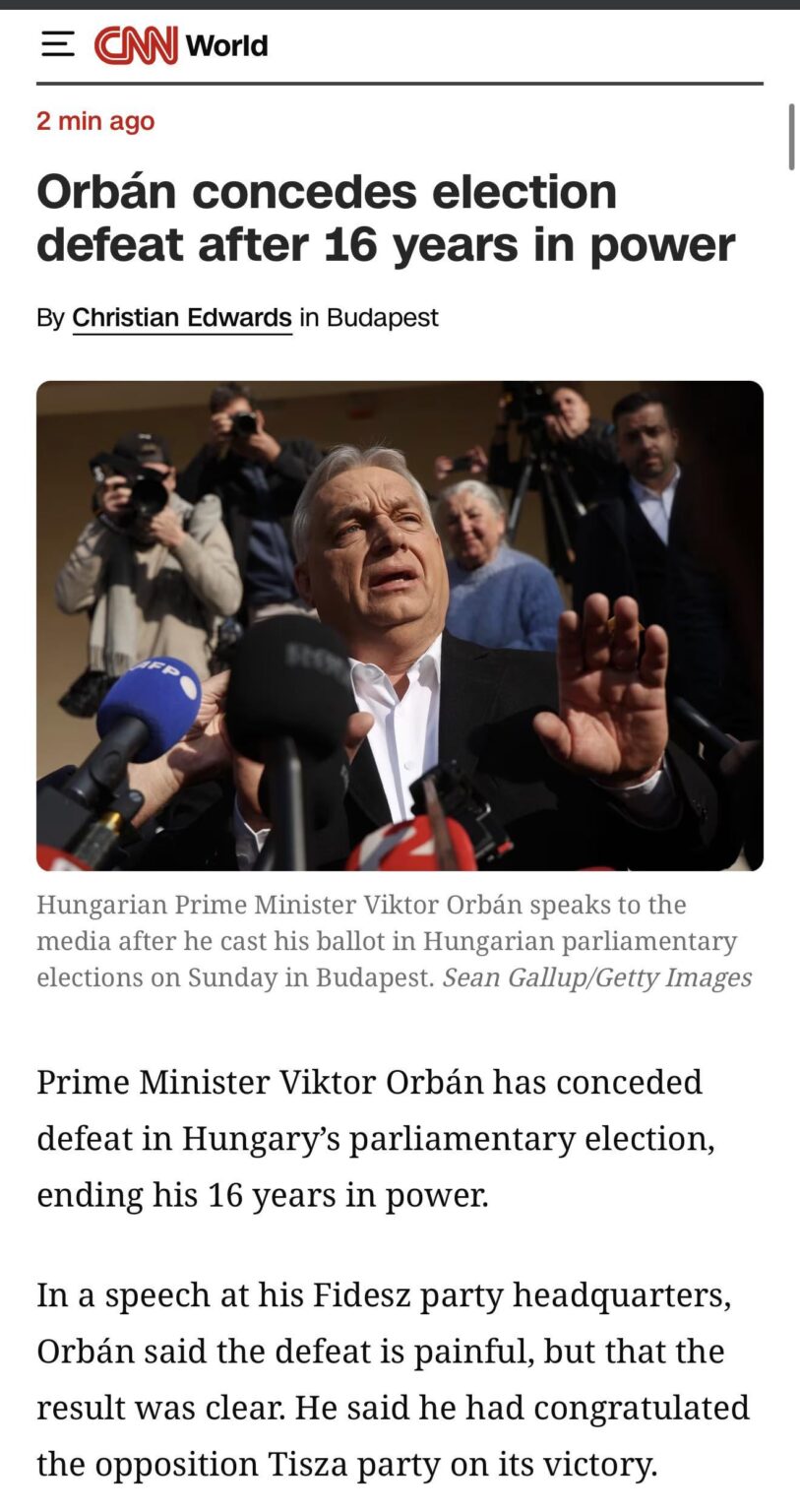 オルバン首相、16年間政権を維持し選挙敗北を認める