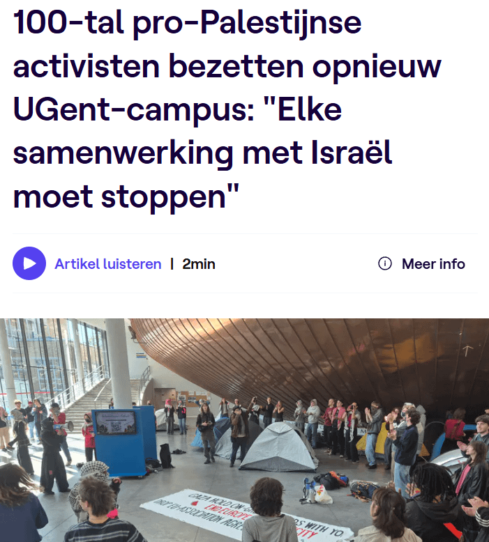 約100人の親パレスチナ活動家がゲント大学キャンパスを再び占拠：「イスラエルとのいかなる協力も止めるべきだ」
