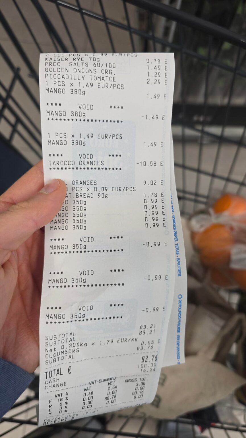Eurospin Mosta で過剰請求 – レシートを確認してください