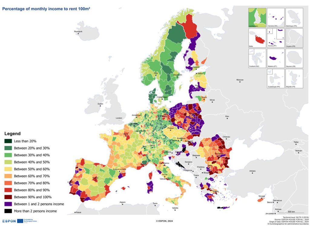 ヨーロッパで 100 平方メートルを借りるための月収の割合。