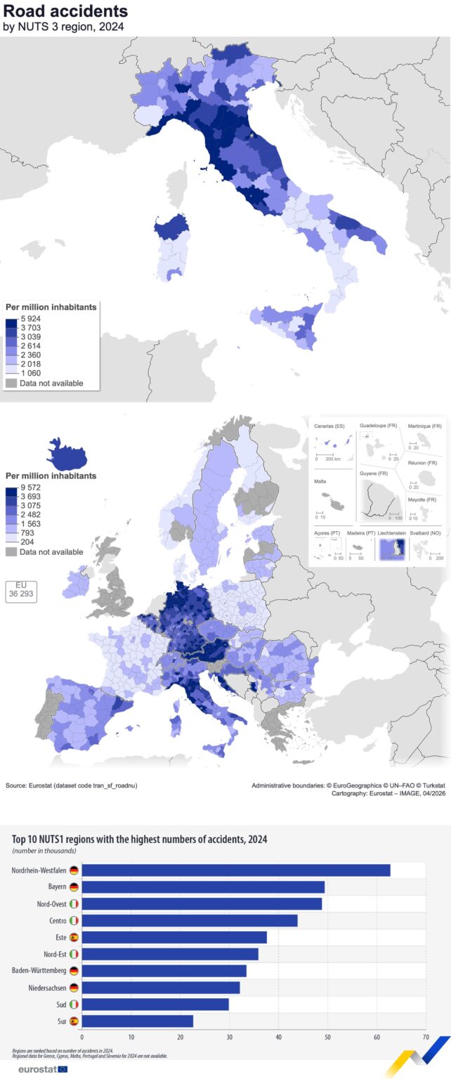 2024 年のイタリアおよびヨーロッパの州別の交通事故