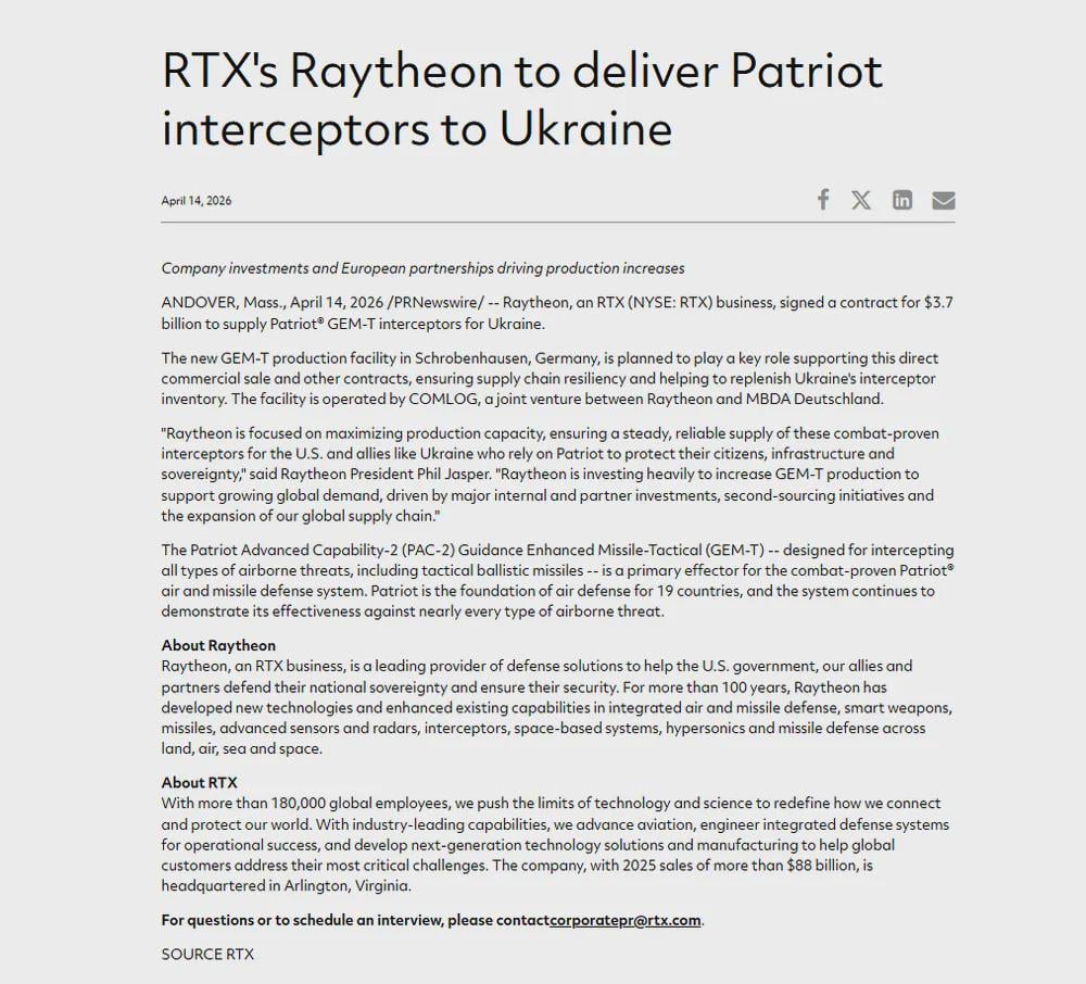 レイセオンは、ウクライナにパトリオットGEM-T迎撃ミサイルを供給する37億ドルの契約を締結し、ドイツが買収に資金提供した。ドイツの新しい生産施設は、この協定をサポートする上で重要な要素となります。 [NOELREPORTS]