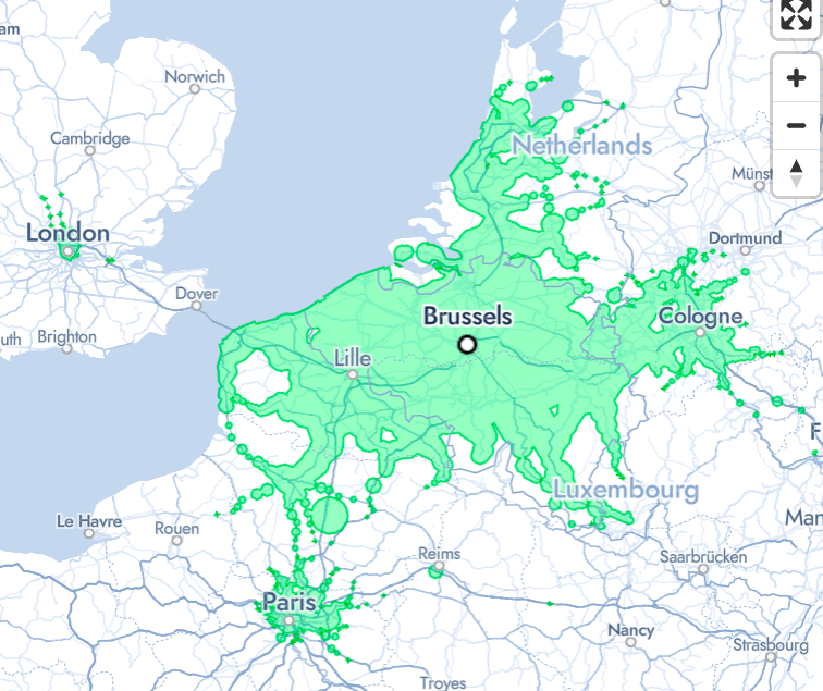 ブリュッセルから電車で3時間で移動できる距離