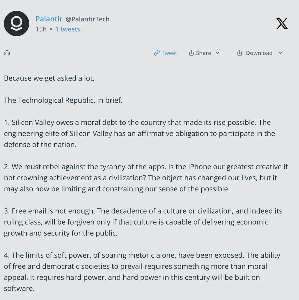 デンマークの国防と諜報活動にますます統合されているパランティア社が、狂気のマニフェストを発表した。