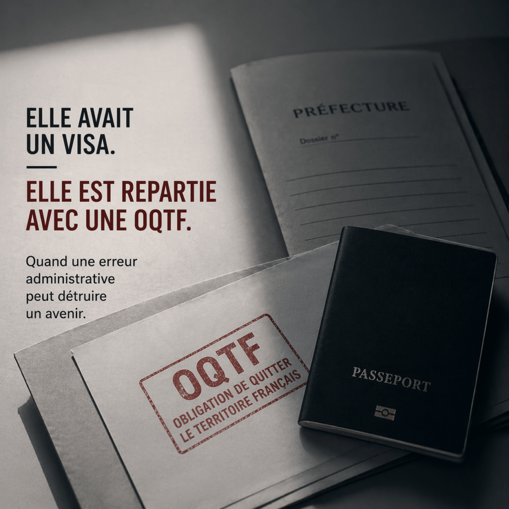 彼女は県の滞在許可を得るためにビザの認証を受けに来た。彼女はOQTFを持って去った