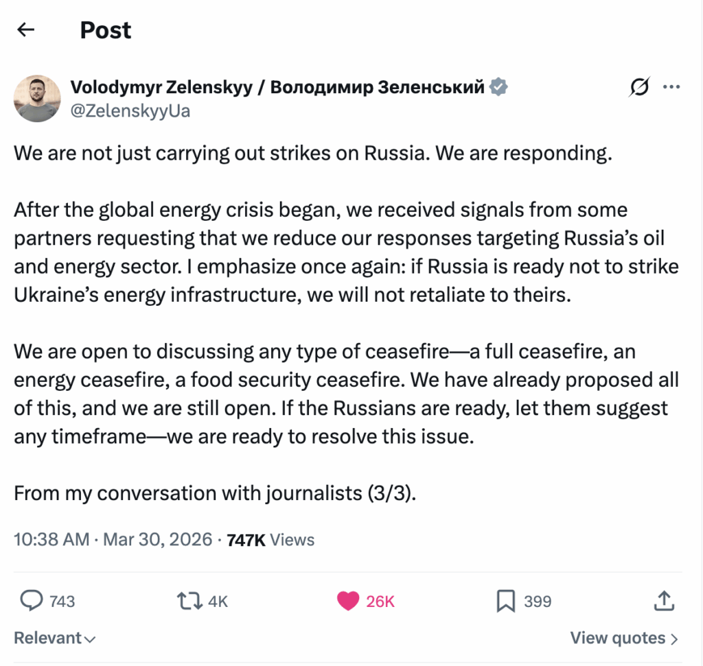 ロシアは、イラン戦争を完璧な隠れ蓑として、米国による対自国の石油制裁を解除するために、トランプ特使（ウィトコフ＆クシュナー）とのマイアミ「和平」会談を利用した。現在、米国はウクライナに対し、ロシアの石油貯蔵所への攻撃をやめるよう要求している。米国はロシアとの戦争と戦っており、常にウクライナに降伏を促している。