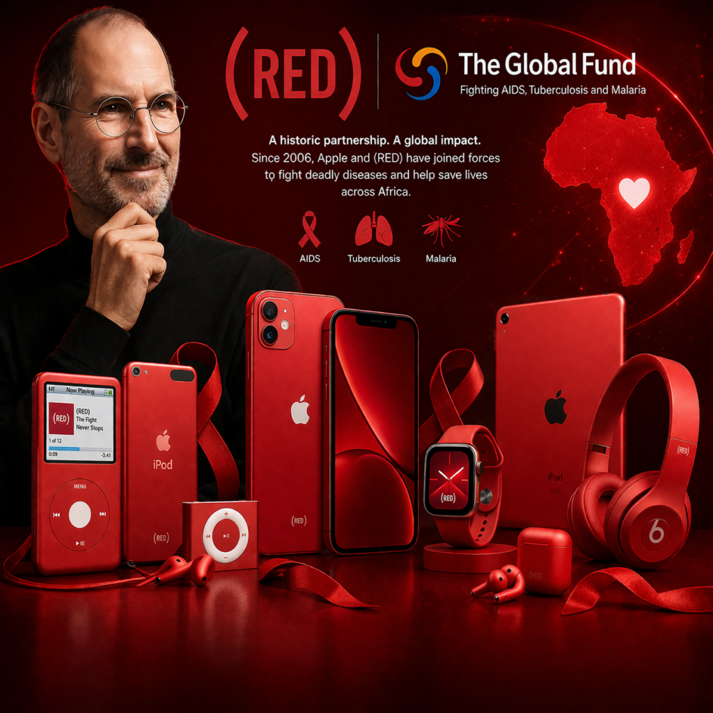 PhoneIslamより：アフリカにおけるエイズ、結核、マラリア対策のための世界基金とのパートナーシップを促進するため、(RED)ロゴの付いたi18 Proを含む赤いApple製品が展示された。