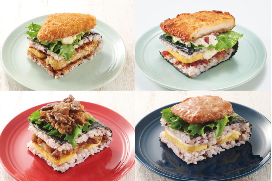 ほっかほっか「ワンハンドBENTO」左上から時計回りに、「海苔弁」「チキン南蛮」「ポークたまご」「和牛」