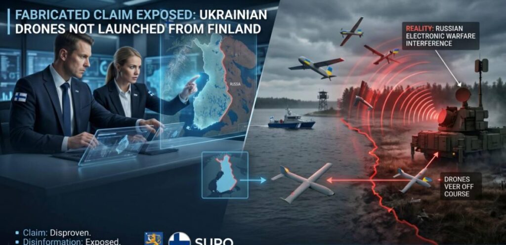 フィンランド治安当局（スポ）は、ウクライナ領内からのウクライナ製無人機の発射を許可したとしてフィンランドを誤って非難することを目的としたロシアの偽情報作戦を暴露した。調査によると、主張は完全にロシア国内で捏造され、計画されたものである
