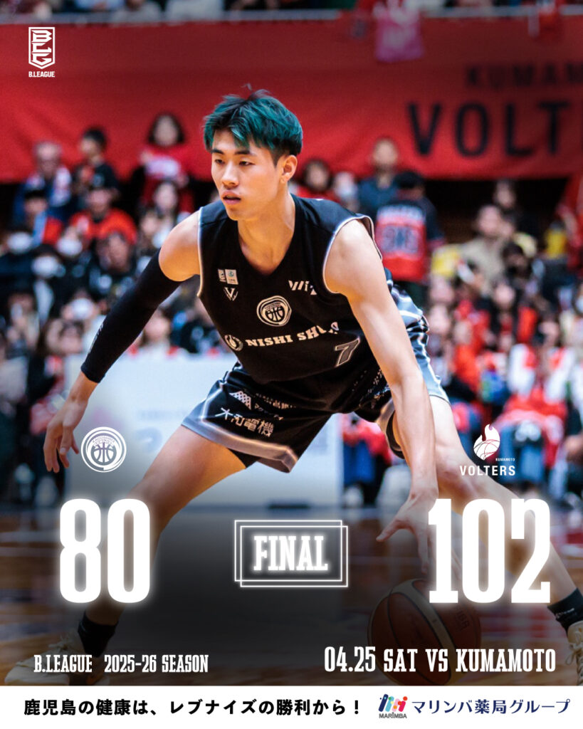 りそなグループ B.LEAGUE 2025-26シーズン 第32節（4/25）試合結果のお知らせ | 鹿児島レブナイズ