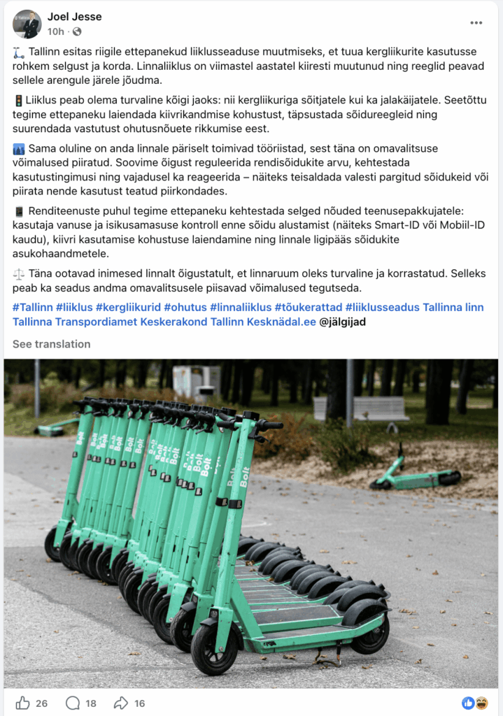 タリンは自転車道を建設する代わりに、ヘルメット着用義務を課し、スクーターの台数を制限することを推奨している
