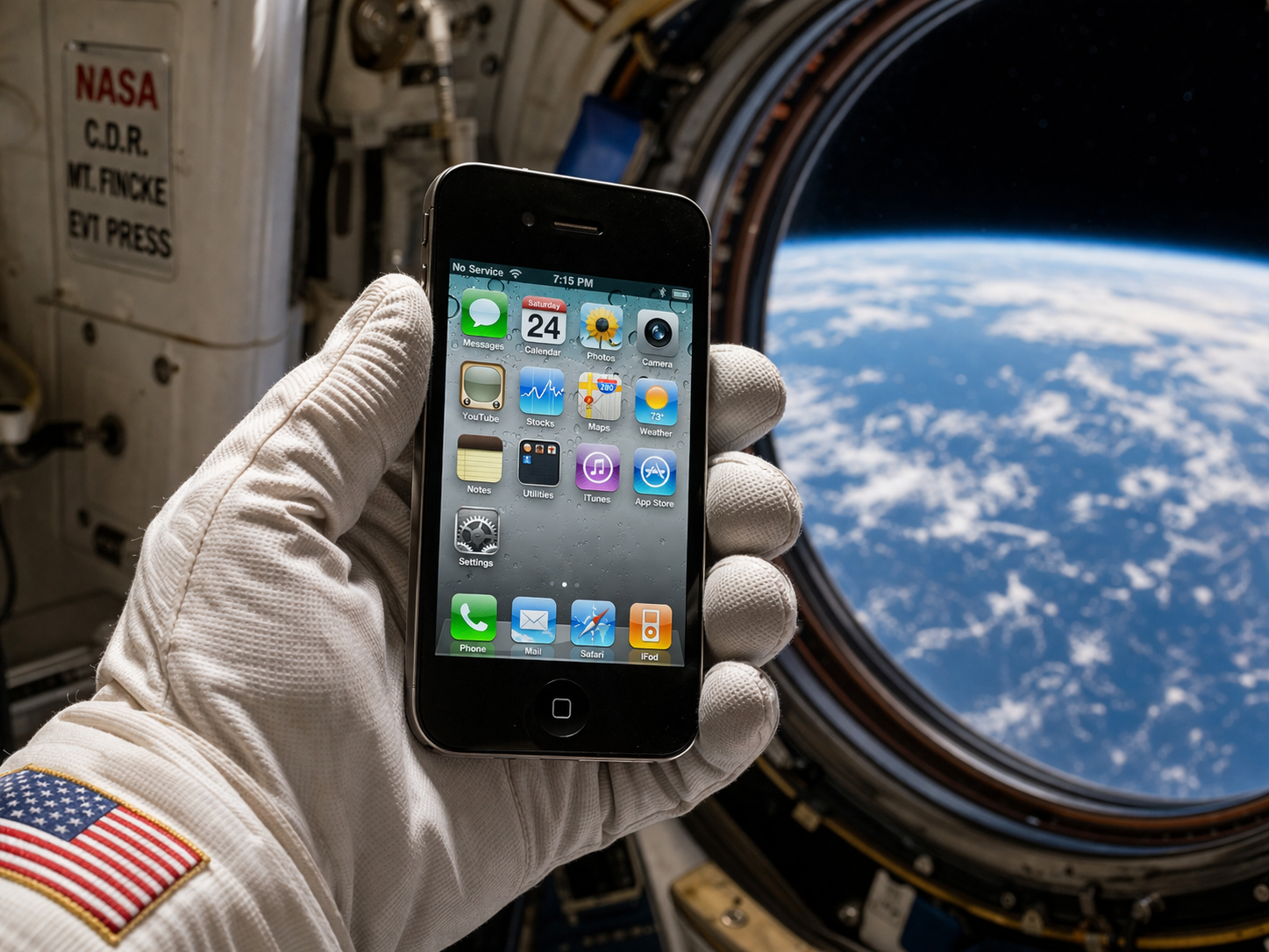 PhoneIslamより:宇宙船内で手袋をはめた宇宙飛行士の手が、別の手袋を手に持っている。背景には丸い窓から見える地球の素晴らしい景色が写っている。