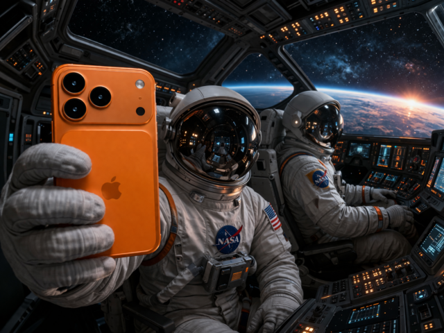 iPhone 17 Proが宇宙を制覇:Appleの携帯電話はどのようにして月周回軌道に到達したのか?|iPhone Islam ウェブサイトPhoneIslamより:宇宙船の操縦席に2人の宇宙飛行士がおり、そのうちの1人がオレンジ色のiPhoneを手に持っている。窓からは地球と広大な宇宙が見える。