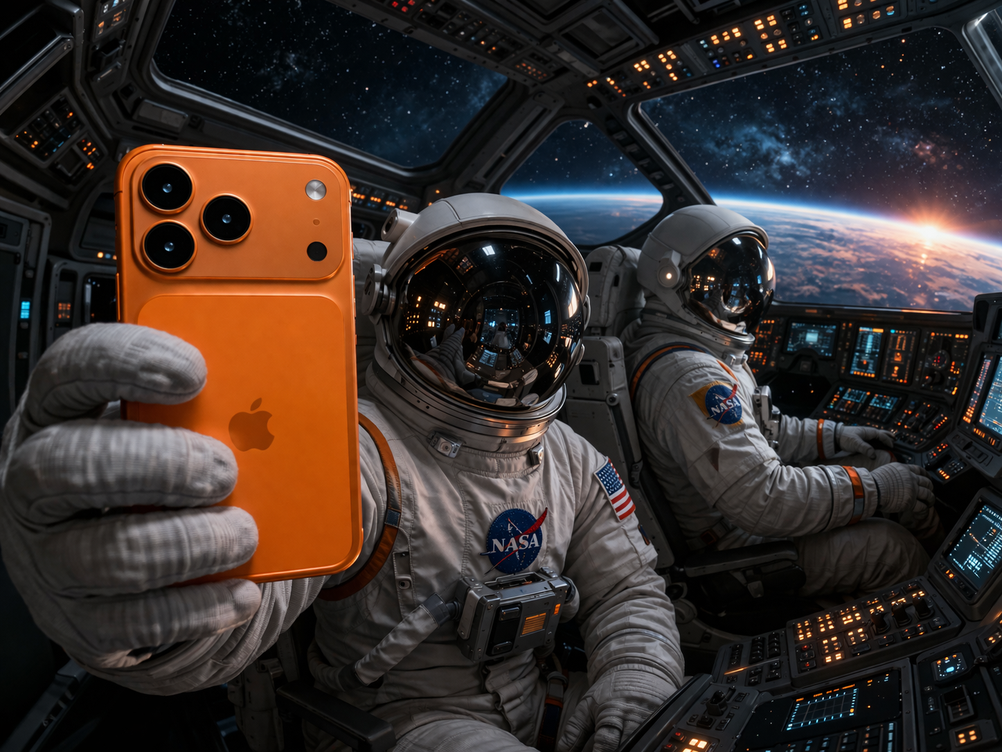 ウェブサイトPhoneIslamより:宇宙船の操縦席に2人の宇宙飛行士がおり、そのうちの1人がオレンジ色のiPhoneを手に持っている。窓からは地球と広大な宇宙が見える。