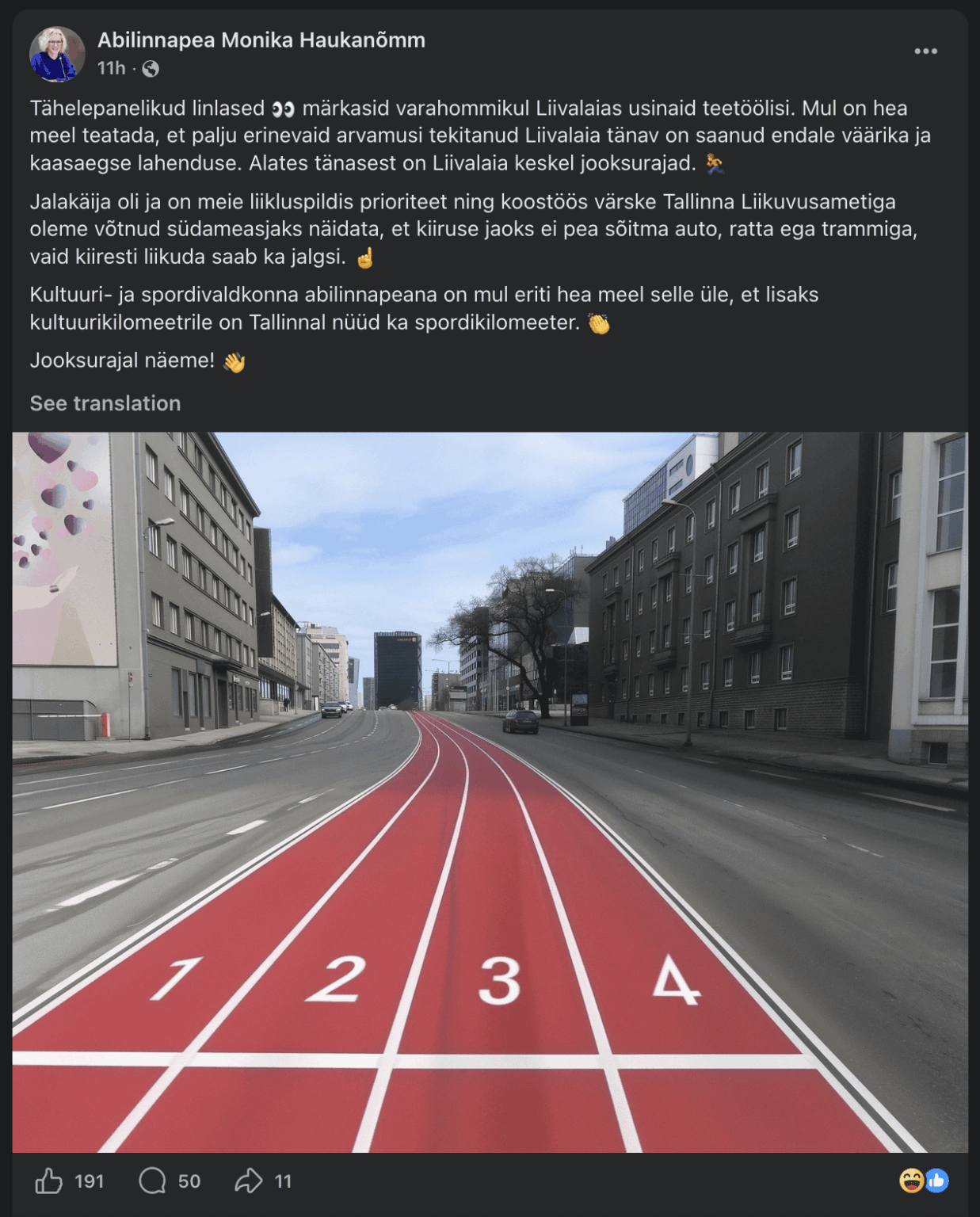 モニカ・ハウカノム副市長のエイプリルフールジョーク「タリンでは歩行者が最優先だ」