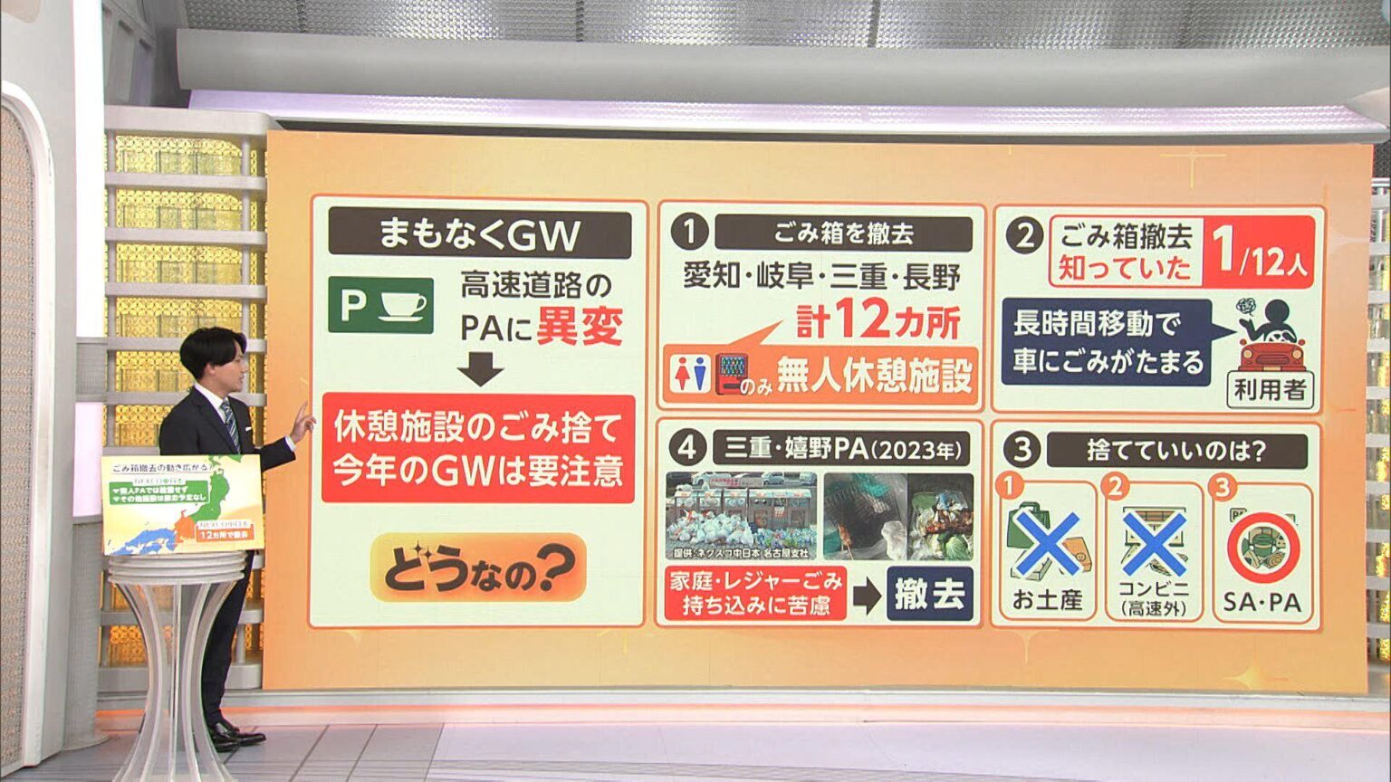 高速PAのごみ箱撤去 家庭ごみ・レジャーごみ持ち込みに苦慮…安全面・環境面・防犯面から撤去に