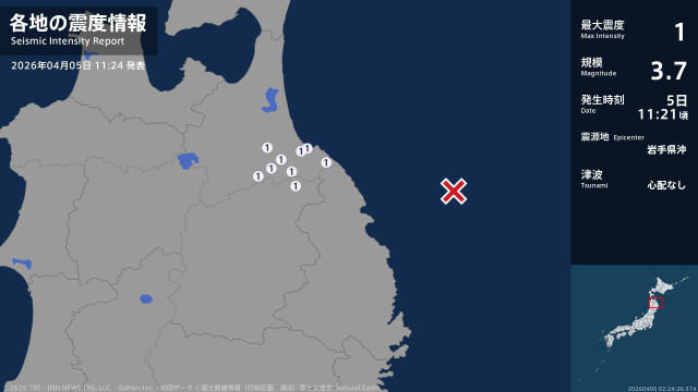 青森県、岩手県で最大震度1の地震 青森県・八戸市、三戸町、五戸町、青森南部町、階上町、岩手県・軽米町