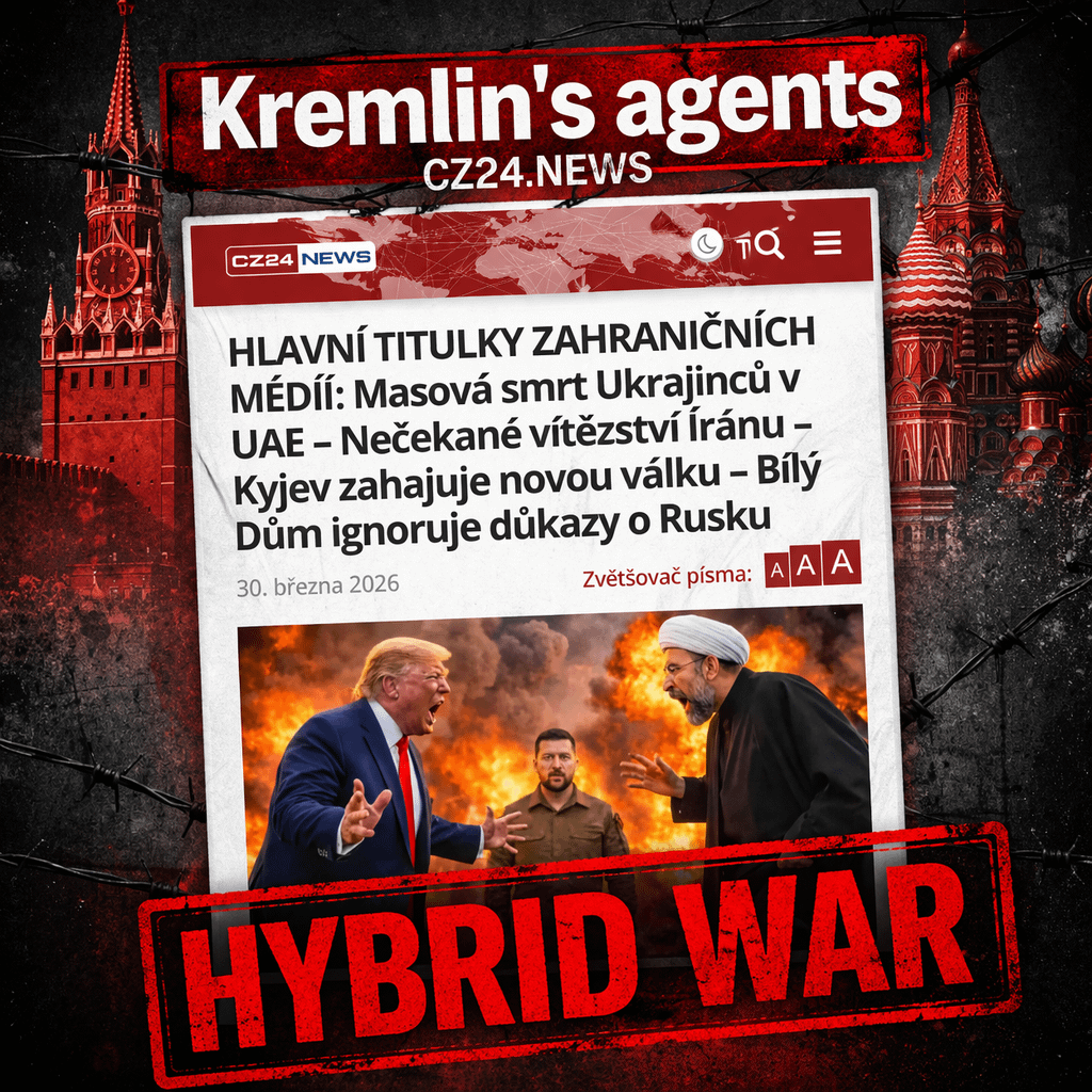 チェコの親クレムリンニュースウェブサイトCZ24.Newsは、UAEで殺害されたウクライナ人教官に関するロシアのフェイクニュースを広め、戦争の責任をウクライナに負わせる一方、ロシアの戦争と侵略を報道せず、クレムリンの言い分を宣伝している。 CZ24はヨーロッパにおけるメディア影響力のロシアの代理人として活動している。