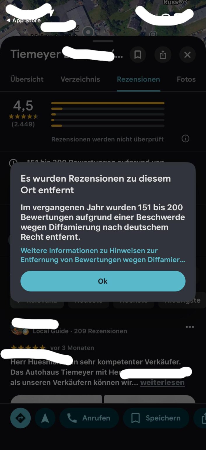 Google マップにドイツで削除された口コミの数が表示されるようになりました