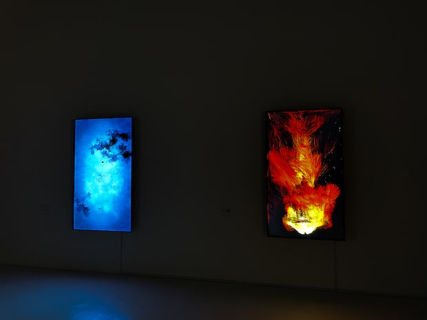 左）Matter is Void teamLab, 2022, Digital Work, Endless右）憑依する炎 / Universe of Fire Particles　teamLab, 2021, Digital Work, Single channel, Continuous Loop