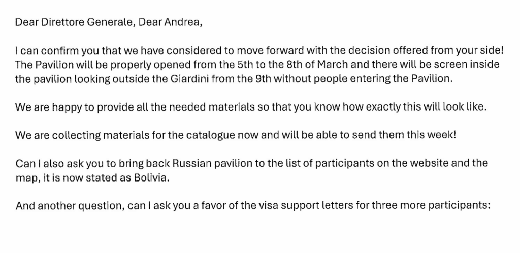 EUの制裁を回避し、ロシアを2026年のアートビエンナーレに再統合するために2025年から2026年にかけて開始された構造化された計画を文書と電子メールで公開する