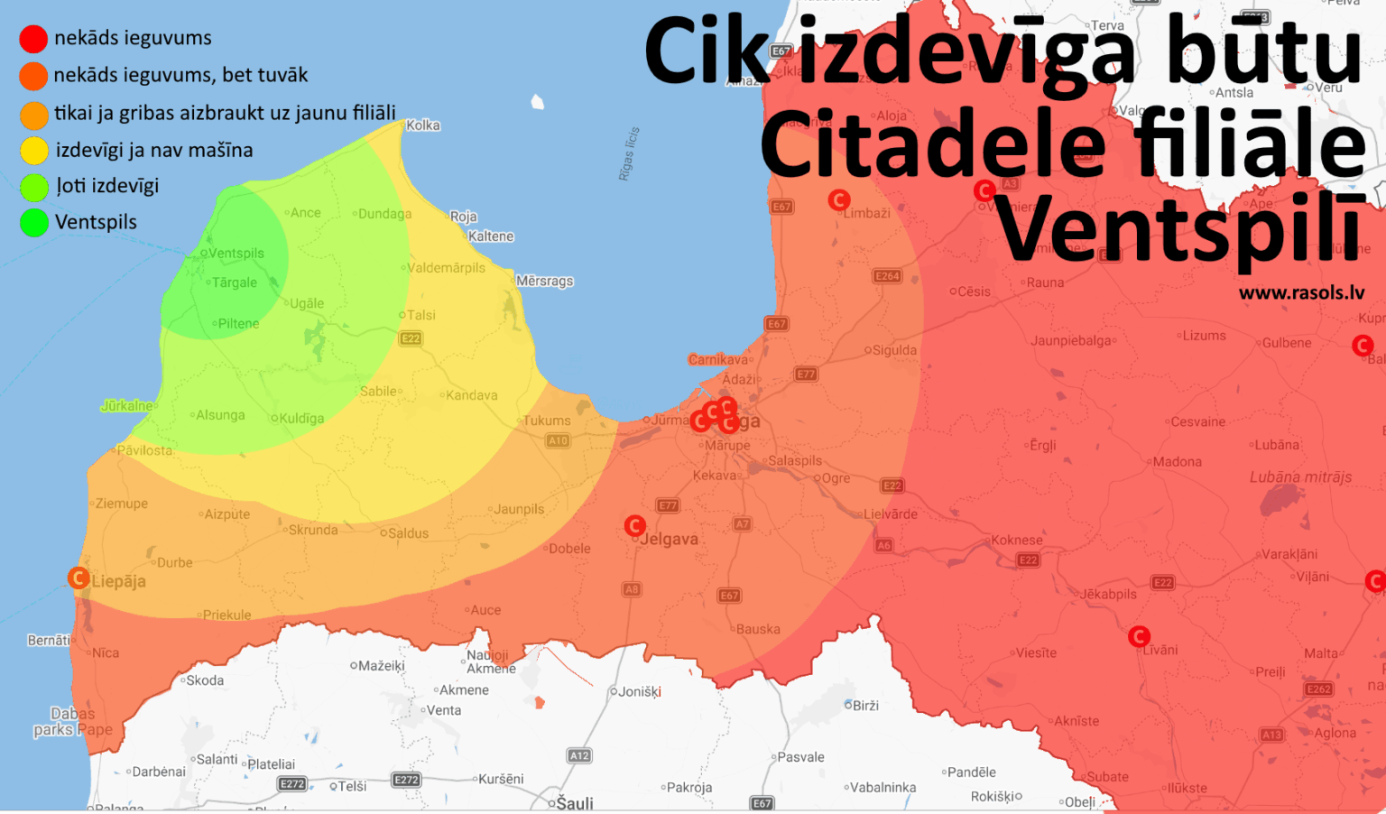 地図 - ヴェンツピルスに Citadele 支店を開くとどれだけ儲かりますか