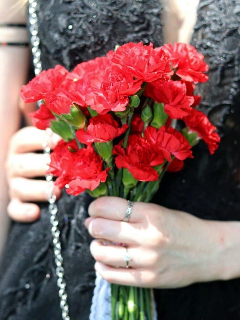 プロム用に赤いカーネーションの花束を