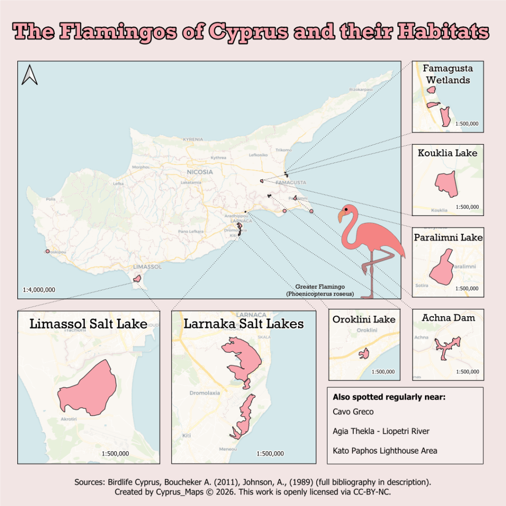 キプロスのフラミンゴとその生息地 (キプロスの地図)