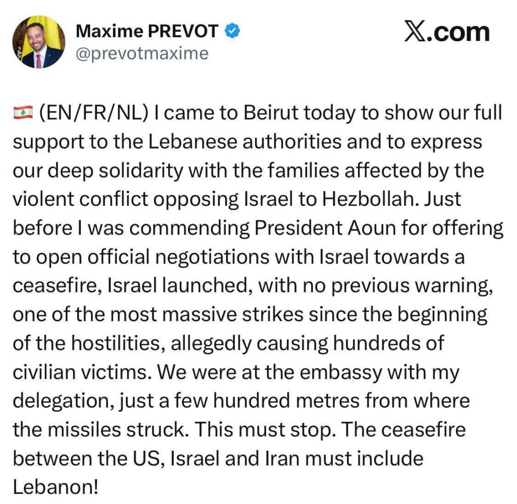 ベルギーのマキシム・プレボ外相がベイルートでイスラエルに殺されそうになった