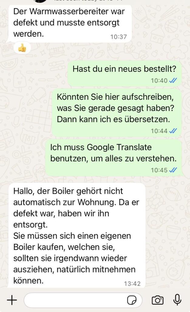 家主がキッチン用に新しい給湯器を買う必要があると言っています