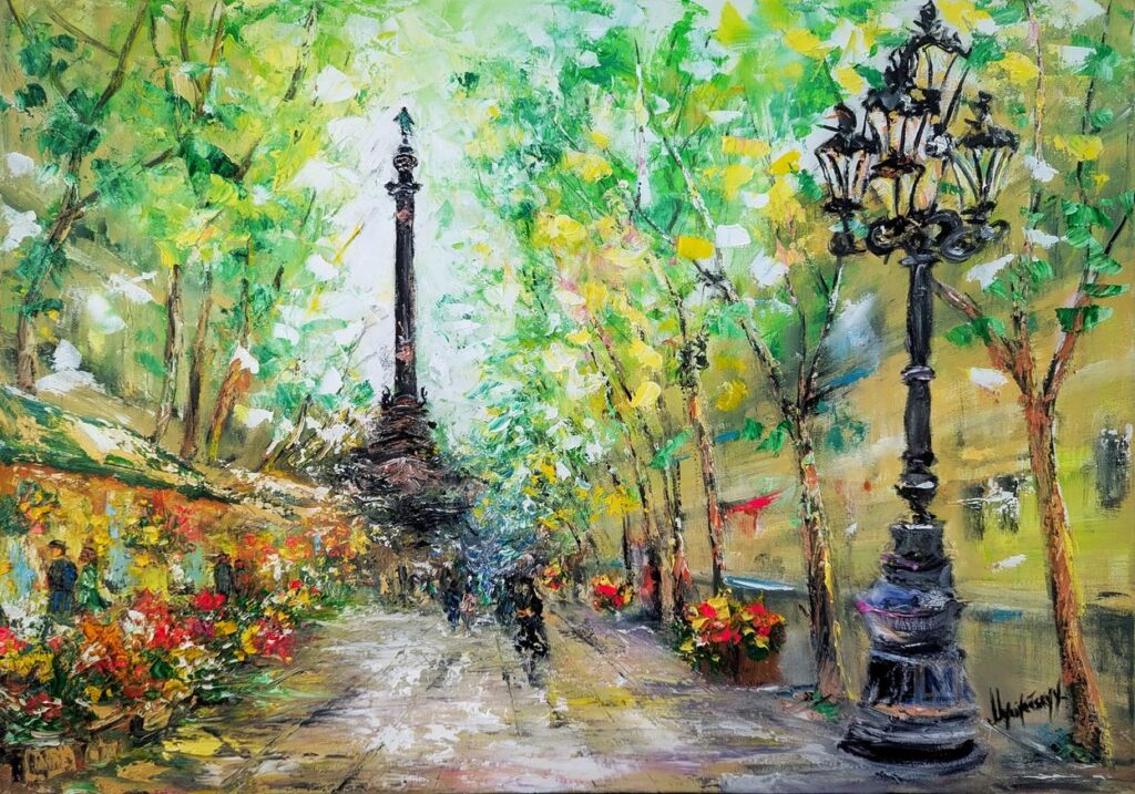 皆さん、こんにちは。最近完成したこの絵を皆さんと共有したいと思います。これは、遊歩道に沿って花の屋台があった古いランブラ デ レス フロールにインスピレーションを得た芸術的な解釈です。それは現在の風景ではなく、私自身のその場所のビジョンです。気に入っていただければ幸いです。