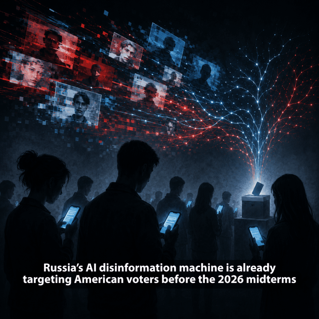 ロシアの影響力ネットワークは、2026年の米国中間選挙に先立って有権者をターゲットにするために、AI生成のビデオ、偽の音声、なりすましのメディアサイト、そして調整されたソーシャル投稿を使用していると伝えられている。目標は極めて単純です。人々を混乱させ、不信感を煽り、真実よりも嘘の方が早く拡大することです。