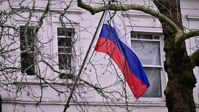 白い建物を背にロシア国旗が掲げられている。手前には葉のない木の枝が見える