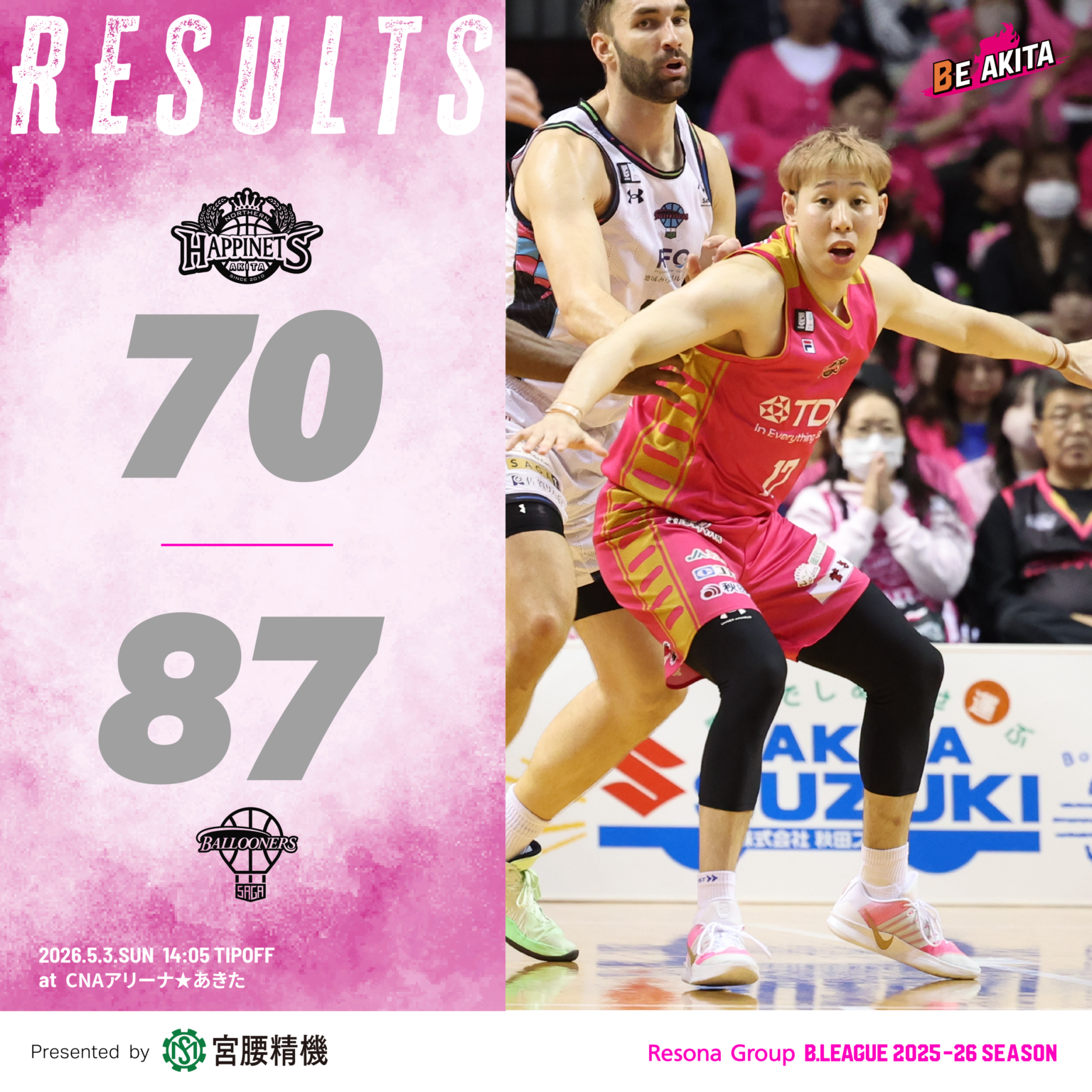 【試合結果】5/3（日）第36節（最終節）VS 佐賀バルーナーズ GAME2@CNAアリーナ☆あきた | 秋田ノーザンハピネッツ