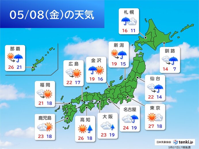 明日8日は全国的に傘の出番　関東は天気急変のおそれ　週末は広く晴れて熱中症に注意