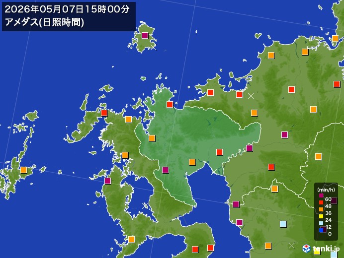 佐賀県の過去のアメダス実況(2026年05月07日)(日照時間) - 日本気象協会 tenki.jp