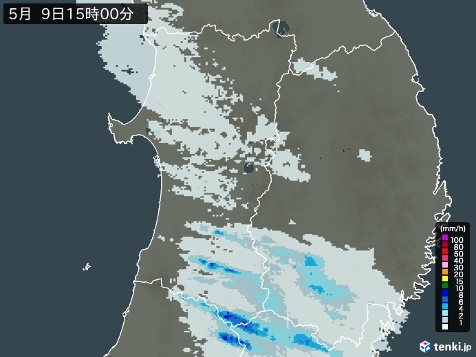 秋田県の雨雲レーダー(2026年05月09日)