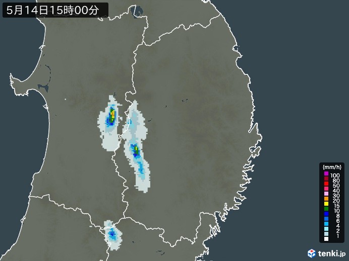 岩手県の雨雲レーダー(2026年05月14日)