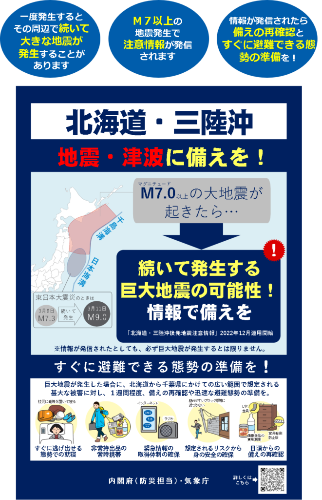 北海道・三陸沖後発地震注意情報 – 総務部危機対策局危機対策課 北海道・三陸沖後発地震注意情報ポスター
