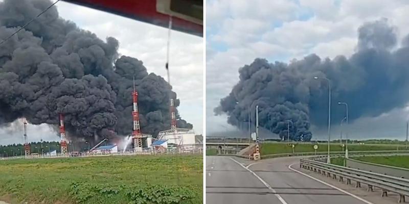 Two angles of smoke billowing from an oil facility in Moscow that came under attack.