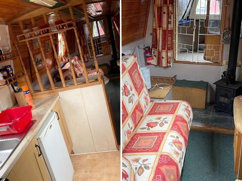 A side-by-side of a kitchen and living area in a narrowboat.
