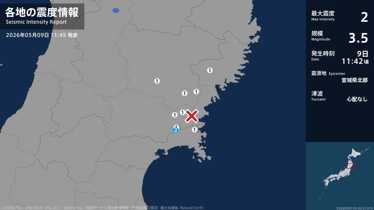 宮城県で最大震度2の地震 宮城県・石巻市(TBS NEWS DIG Powered by JNN) 宮城県で最大震度2の地震 宮城県・石巻市(TBS NEWS DIG Powered by JNN)