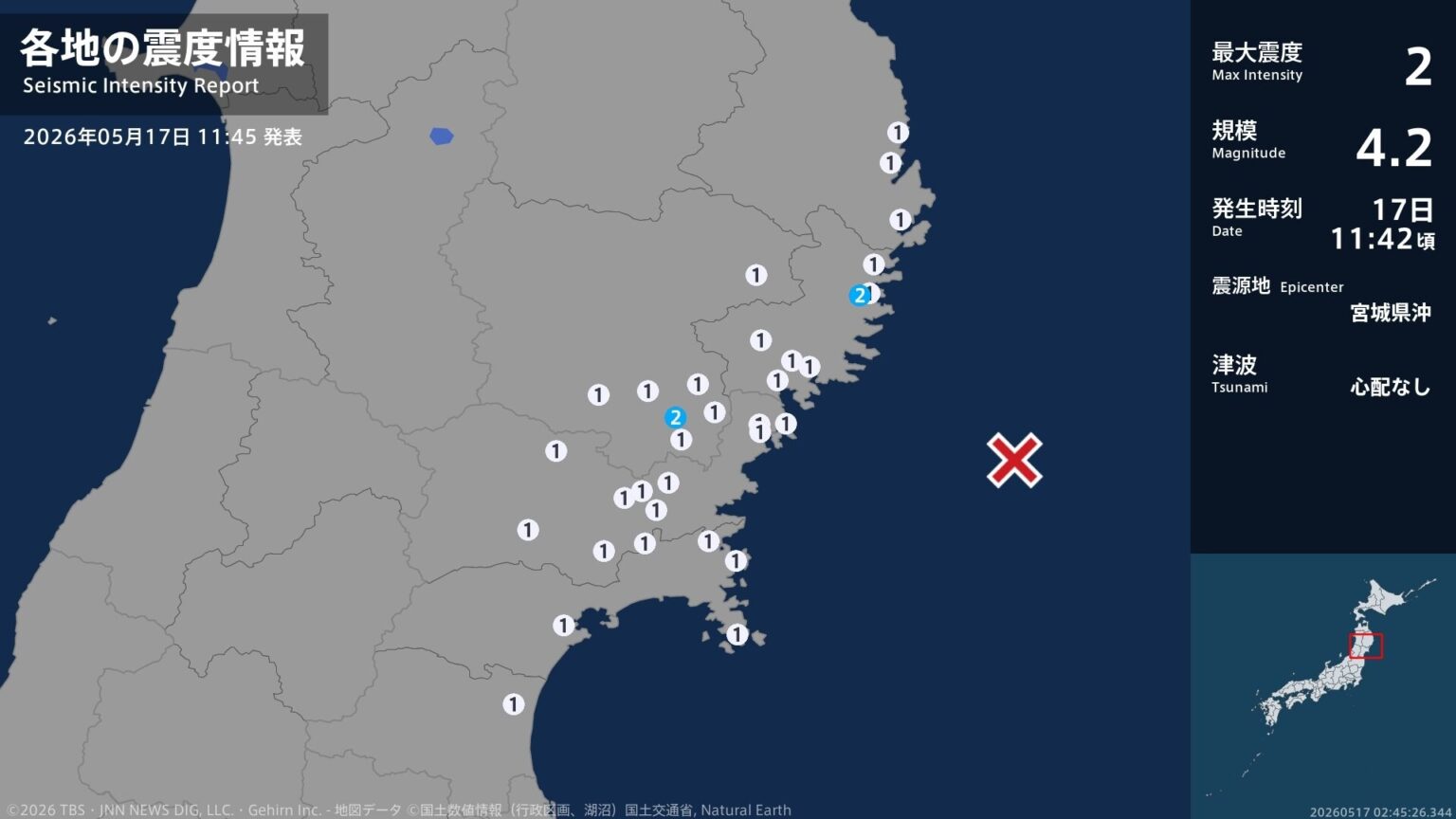 岩手県で最大震度2の地震　岩手県・釜石市、一関市（TBS NEWS DIG Powered by JNN）