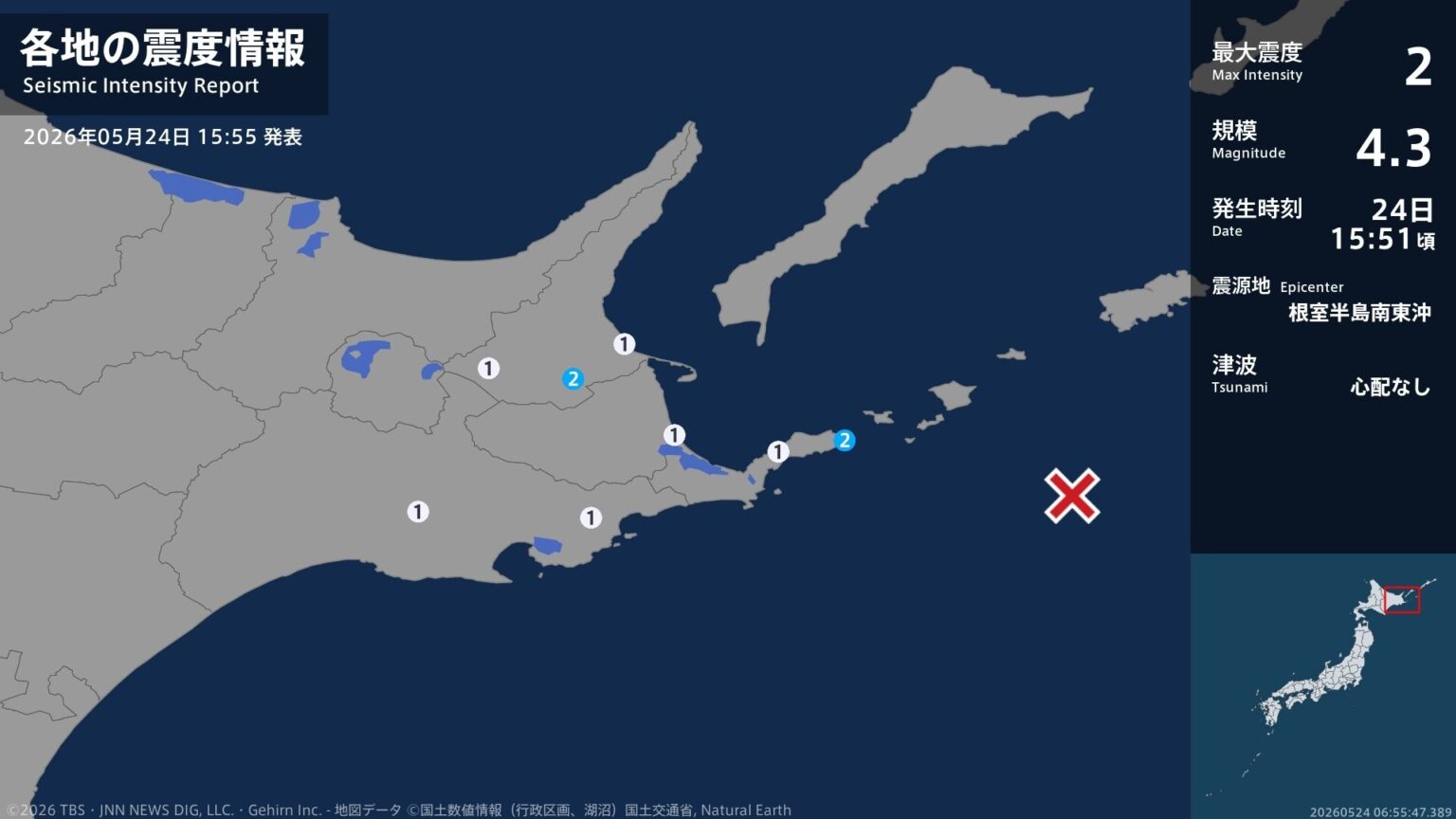 北海道で最大震度2の地震 北海道・中標津町、根室市(TBS NEWS DIG Powered by JNN) 北海道で最大震度2の地震 北海道・中標津町、根室市(TBS NEWS DIG Powered by JNN)